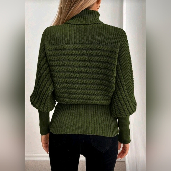 New Glam Cable Knit Turtleneck Sweater Top Leg Of Mutton Olive Green - Picture 5 of 8